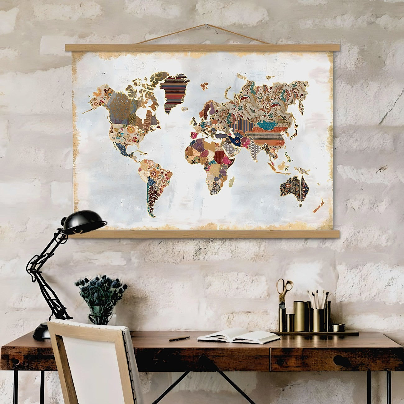 Quadro Decorativo Emoldurado MRG44 Multicolor 50x70cm - Moldura Madeira 100% e Tecido Misto Poliéster/Algodão