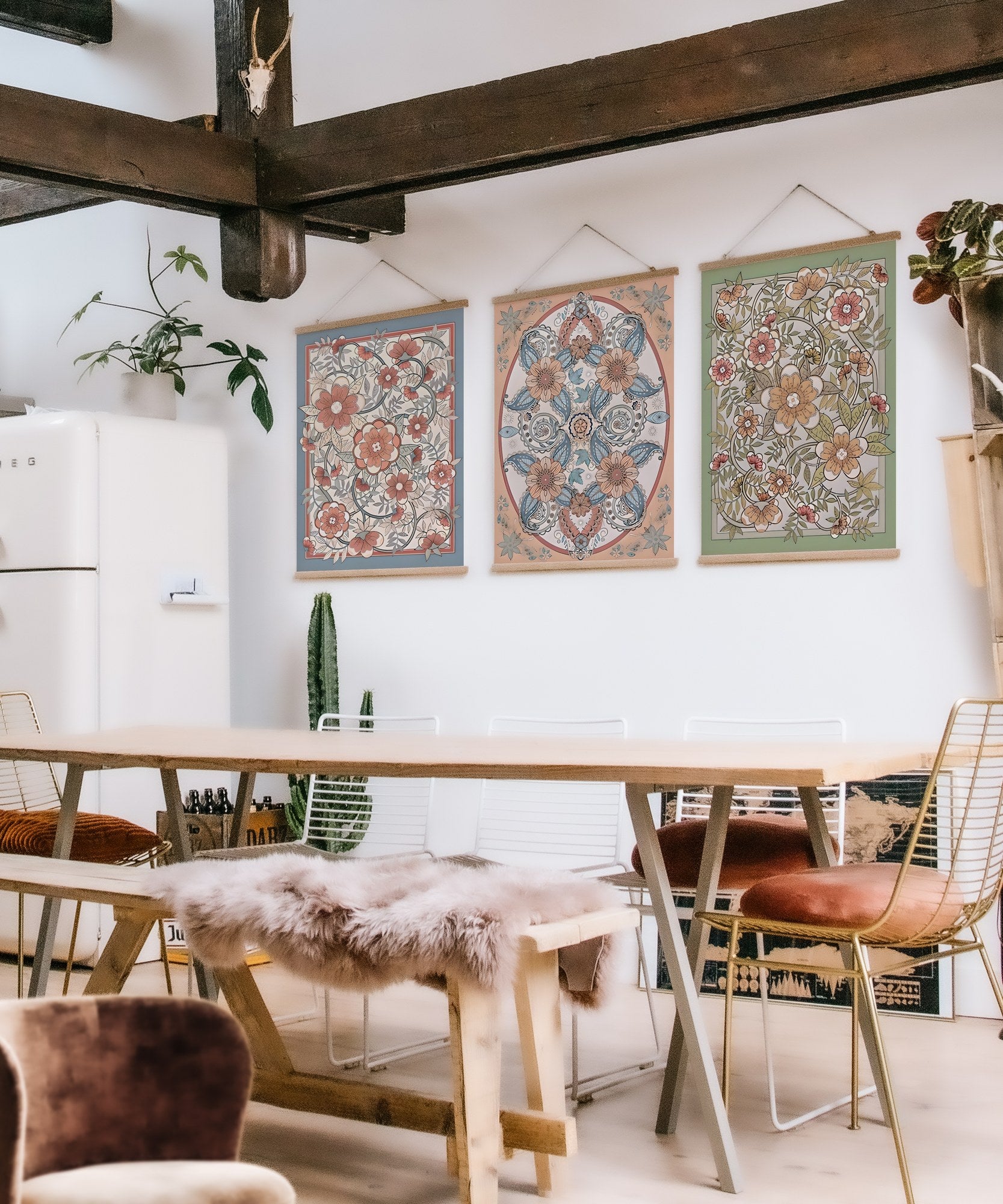 Conjunto de 3 Quadros Decorativos Multicolor SRG25 - Moldura em Madeira 40x60cm