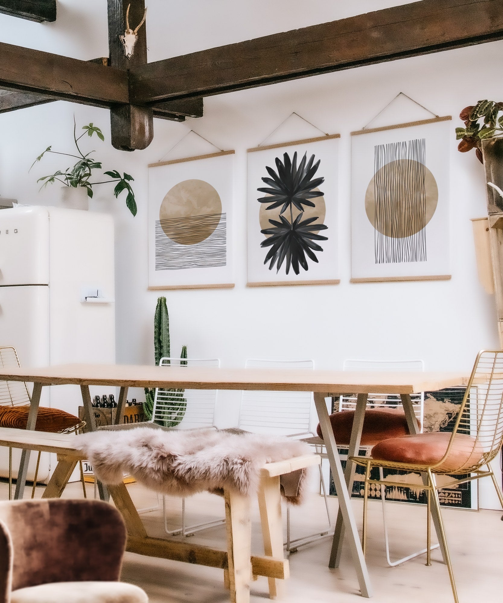 Quadro Decorativo Triplo com Moldura SRG28 (3 Peças) 40 x 60 cm Multicolor – Tela 50% Poliéster/50% Algodão, Moldura de Madeira