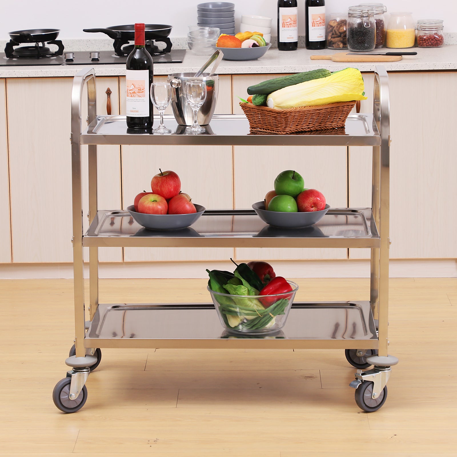 Carrinho de Cozinha 3 Prateleiras 85x45x90 cm Prateado