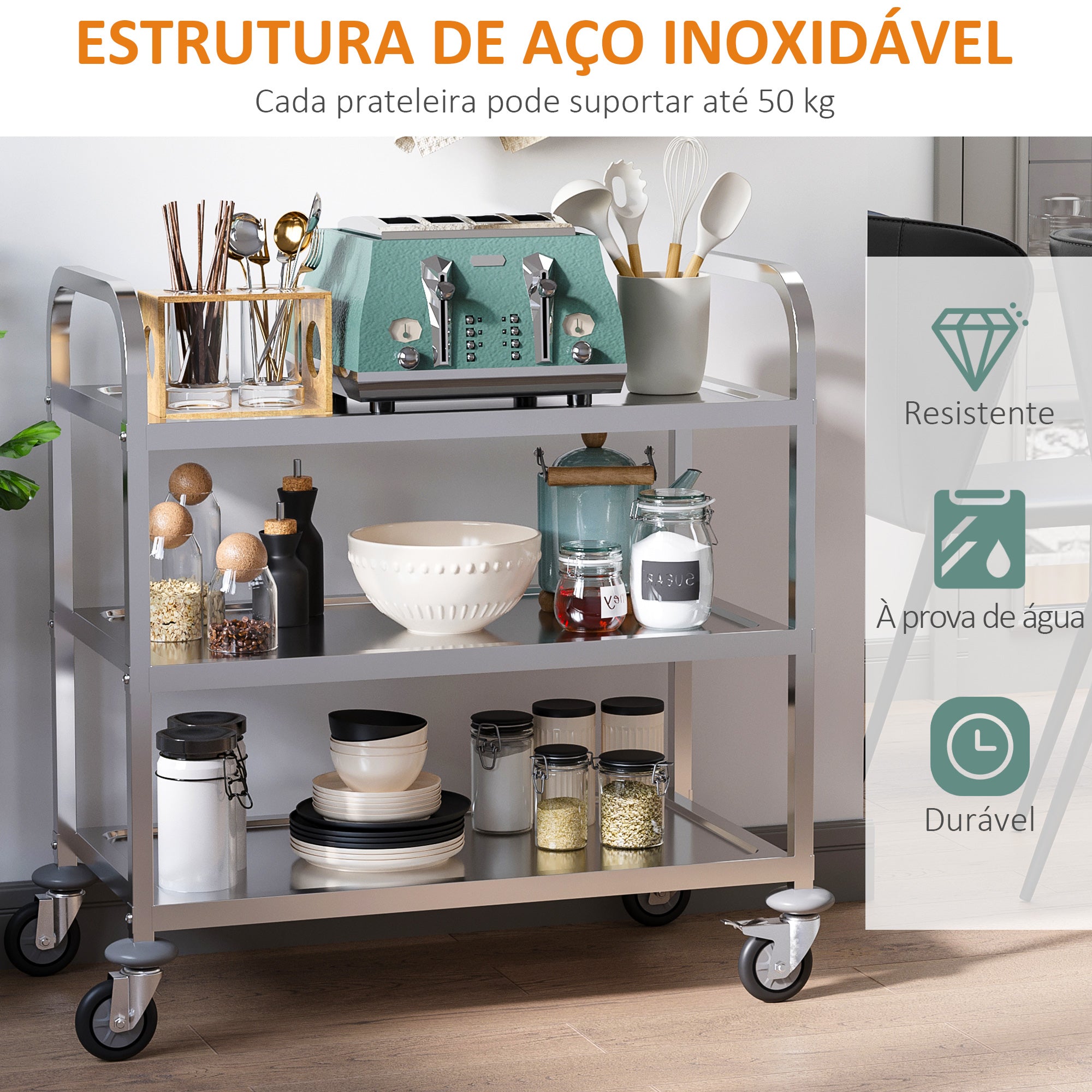Carrinho de Cozinha 3 Prateleiras 85x45x90 cm Prateado