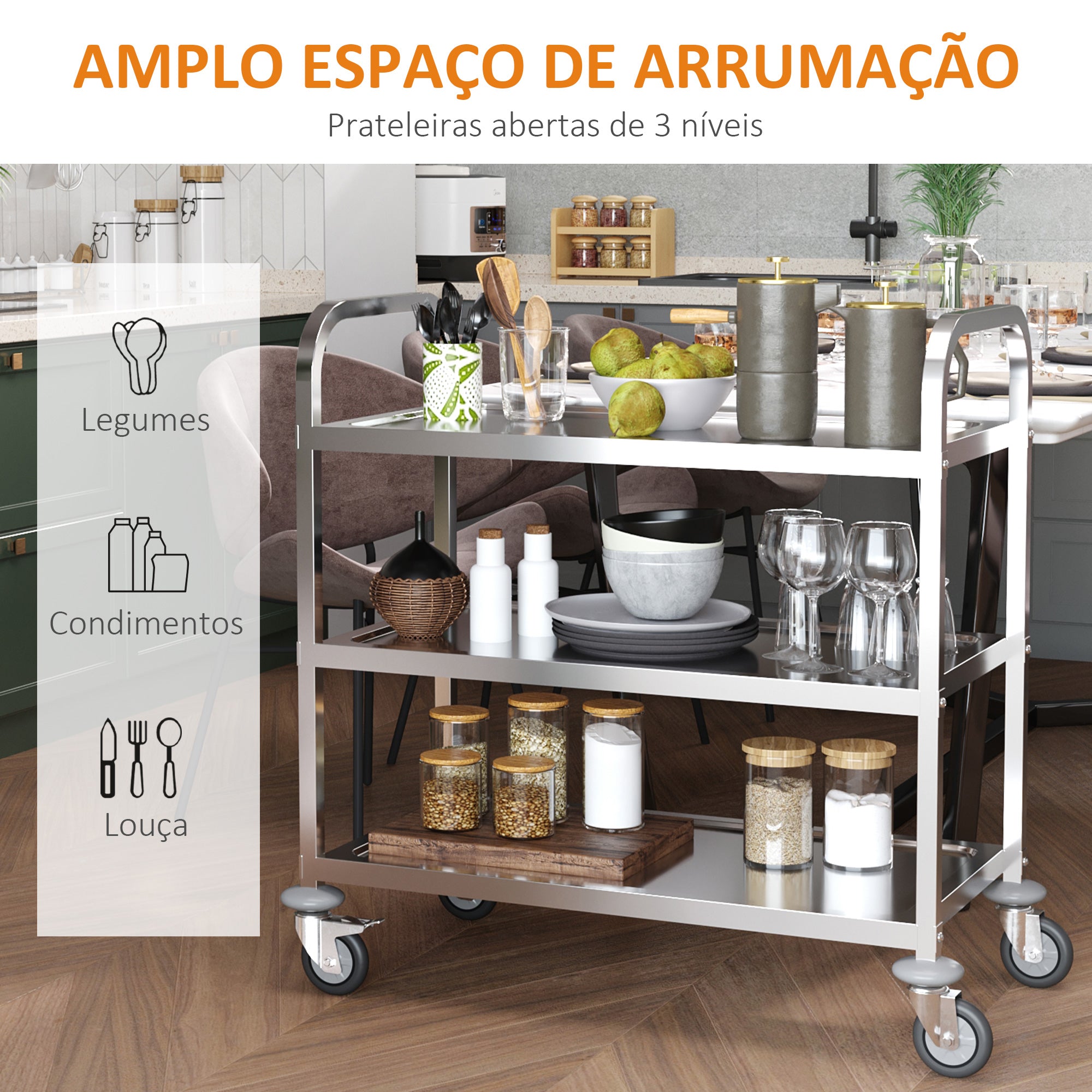 Carrinho de Cozinha 3 Prateleiras 85x45x90 cm Prateado
