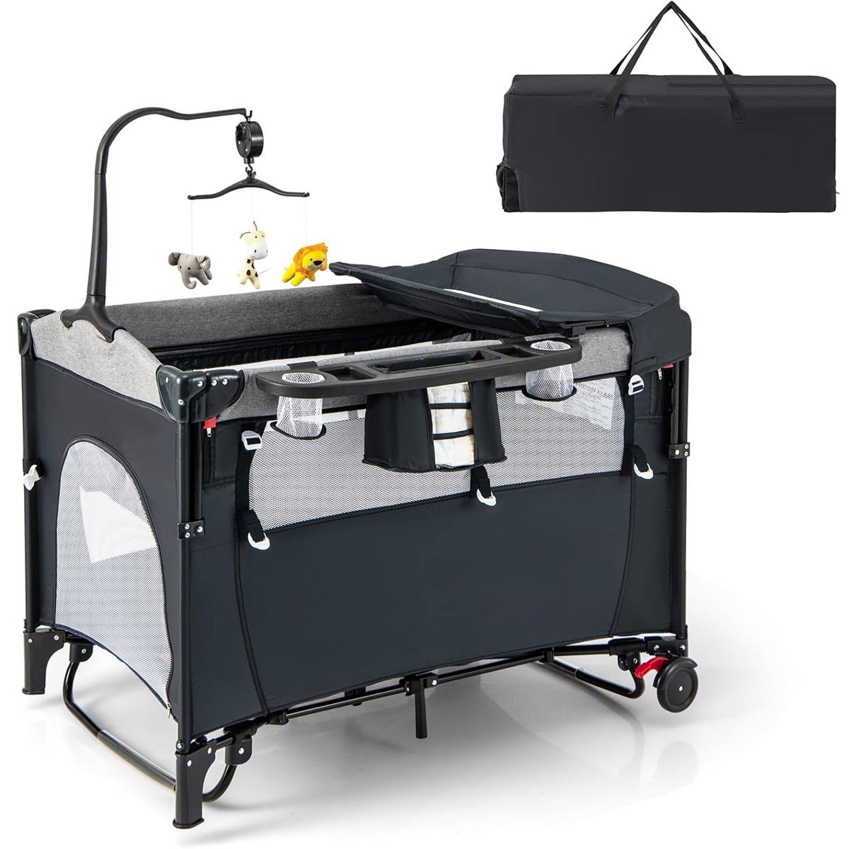 Cuna de Viagem para Bebé 0-3 Anos com Trocador Colchão Brinquedos Pendurados Caixa de Música Altura Ajustável Rodas Capacidade 15 kg Preto