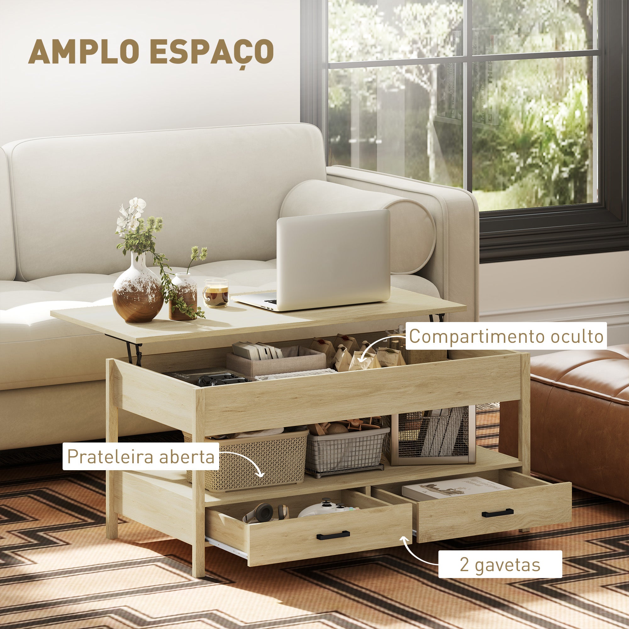 Mesa de Centro Elevável 100x50x48-62 cm - Cor de Carvalho