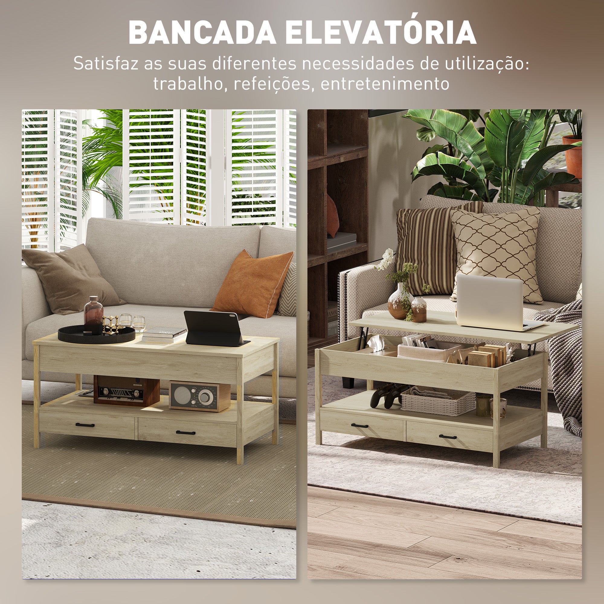 Mesa de Centro Elevável 100x50x48-62 cm - Cor de Carvalho
