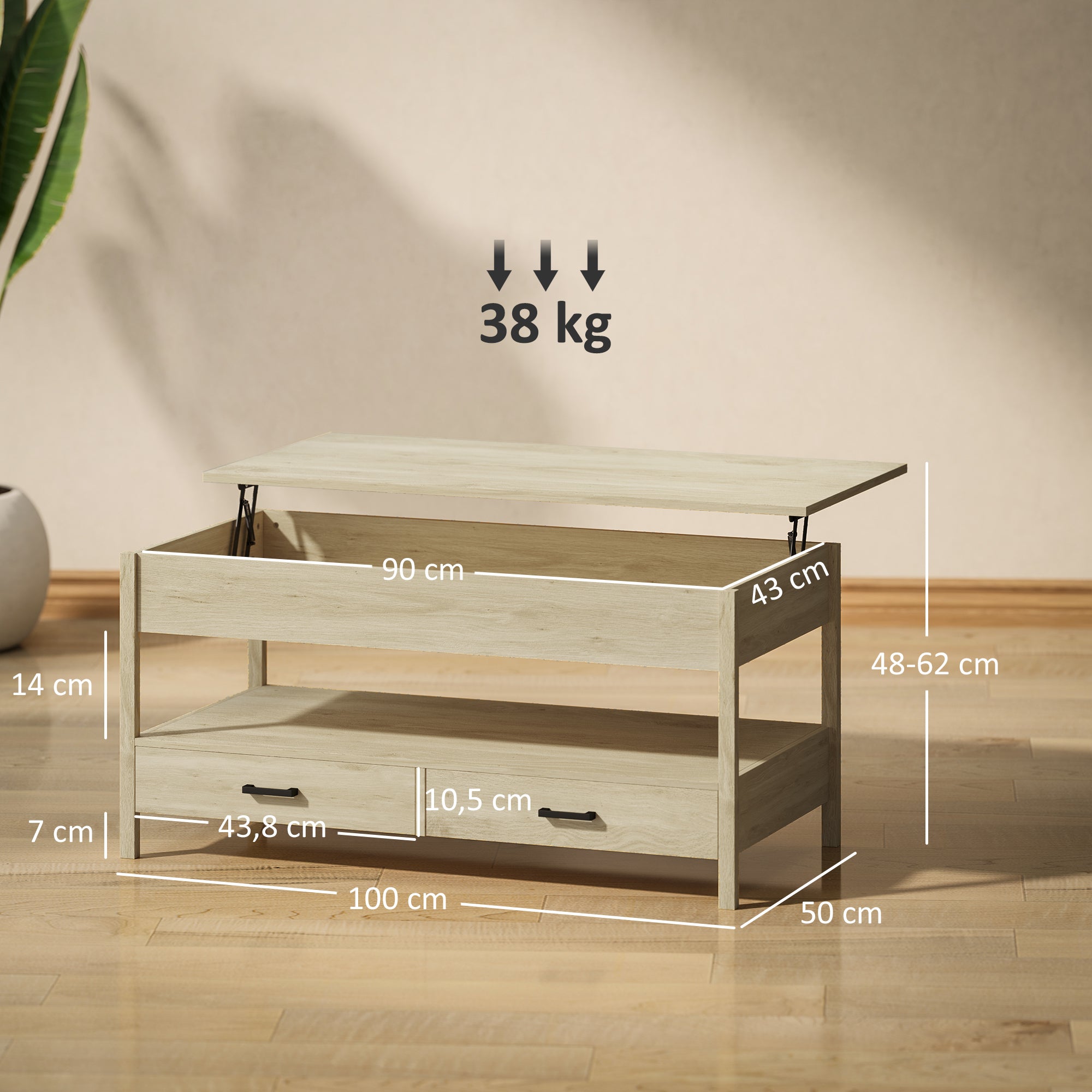 Mesa de Centro Elevável 100x50x48-62 cm - Cor de Carvalho