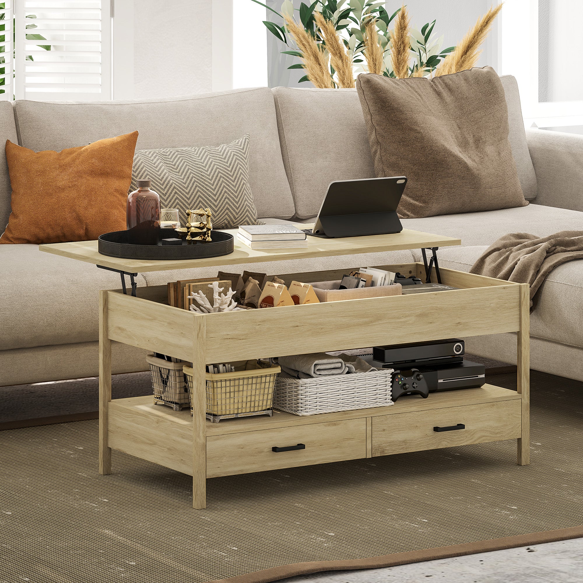Mesa de Centro Elevável 100x50x48-62 cm - Cor de Carvalho
