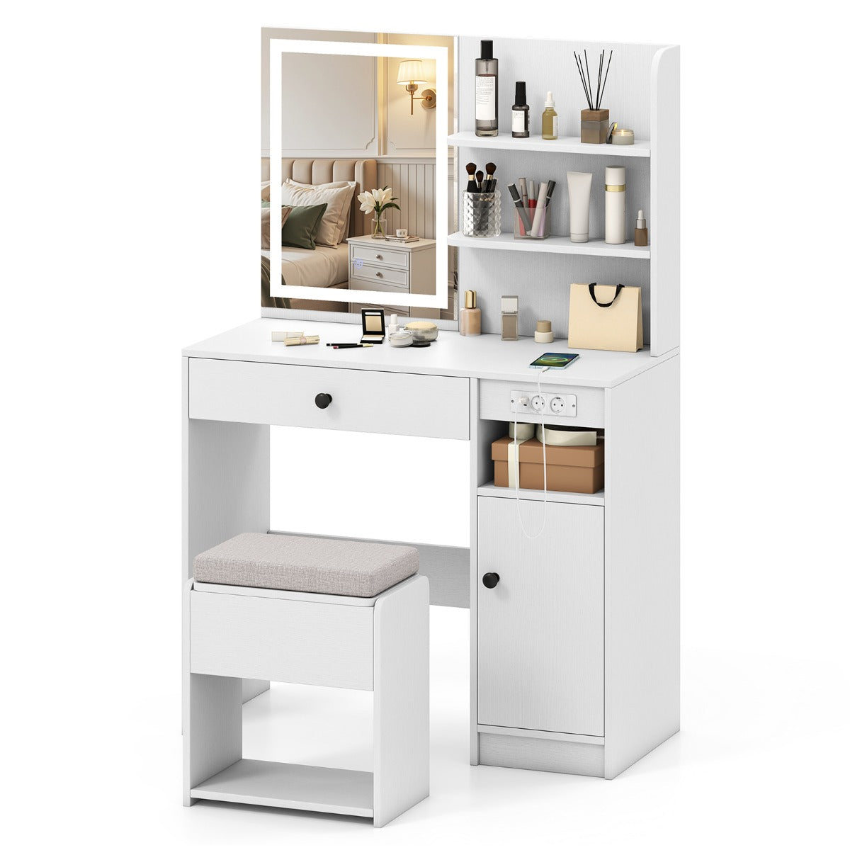 Conjunto de Toucador com Espelho com Iluminação e Tomada de Corrente Banqueta Acolchoada Gaveta e Prateleiras para Quarto 90 x 40 x 135,5 cm Branco