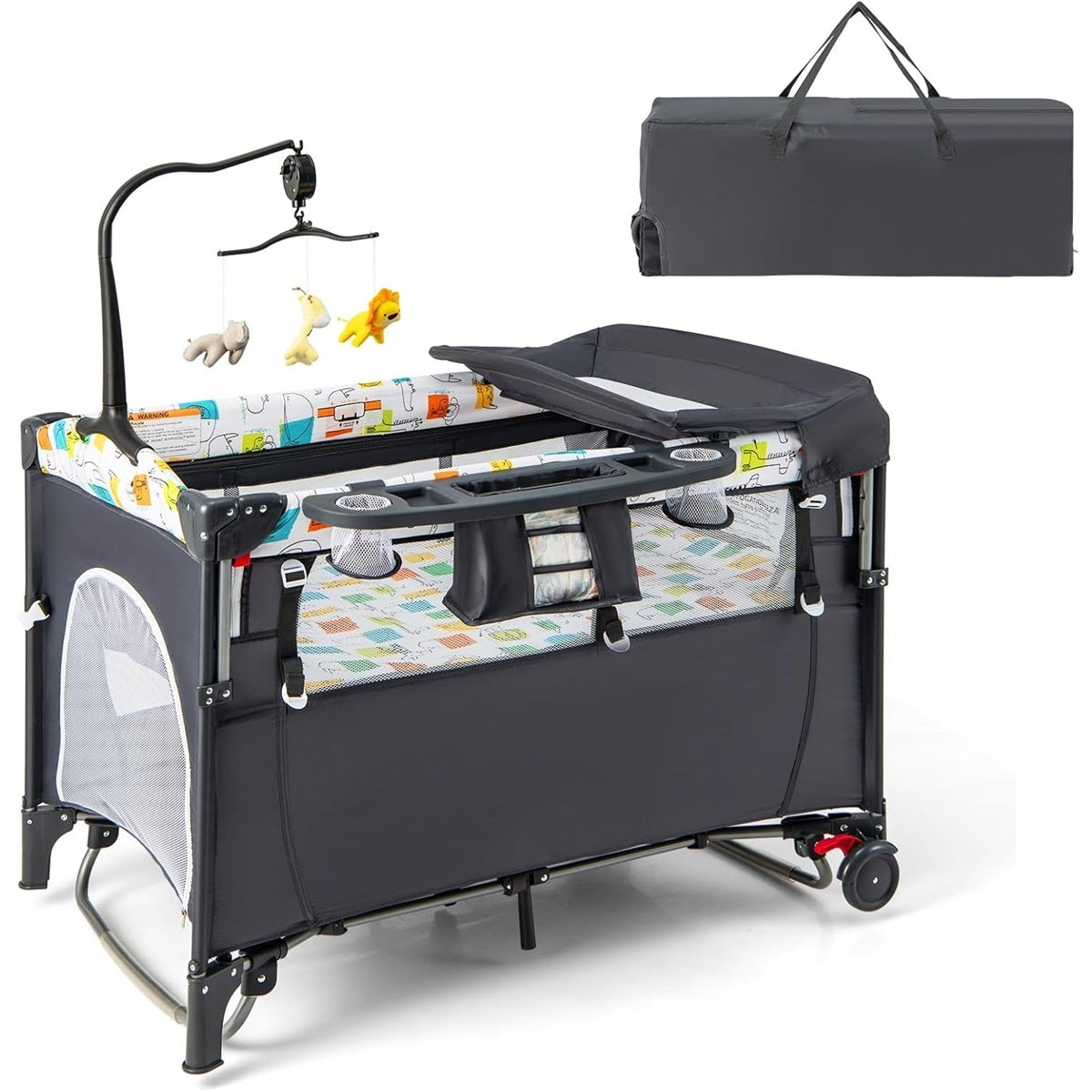 Berço de Viagem para Bebé 0-3 Anos com Trocador Colchão Brinquedos Pendurados Caixa de Música Altura Ajustável Rodas Capacidade 15 kg Cinzento