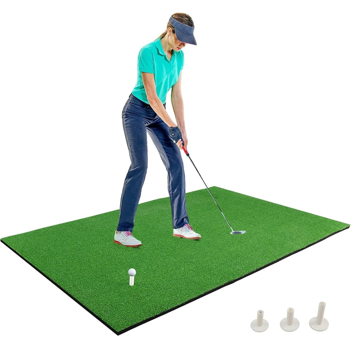 Tapete de Golfe 150 x 100 cm com 3 Tees de Borracha para Interior e Exterior Profissionais e Iniciantes Verde