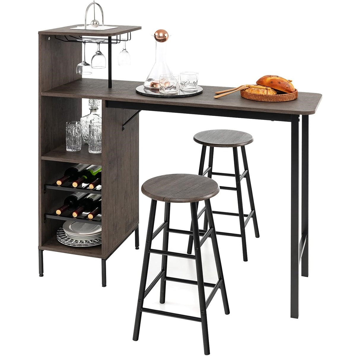 Conjunto de Mesa de Bar com Banquetas 3 Peças com Tampo de Vidro e Prateleiras de Armazenamento para Sala de Jantar Restaurante Castanho