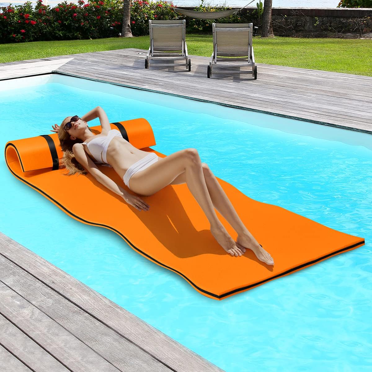 Colchoneta Flutuante de 220 x 90 cm Hamaca de Água de Espuma XPE Flutuador Enrolável com Design de Almofada Suporta 100 kg Laranja