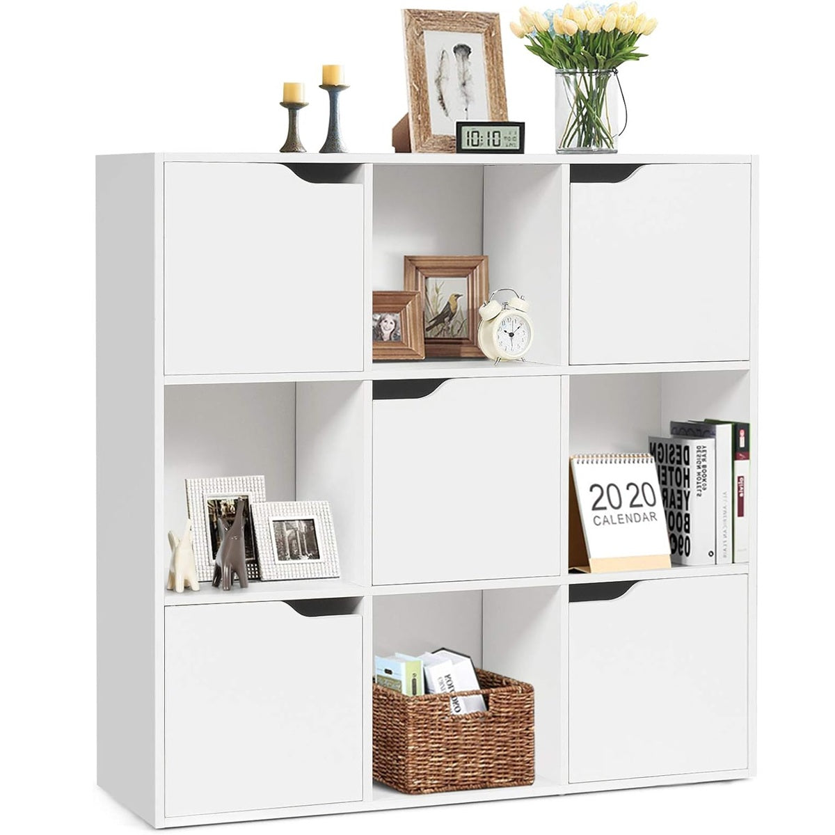 Estantería de 9 Compartimentos con 5 Puertas en Madera de Ingeniería Blanco 90 x 29 x 90 cm