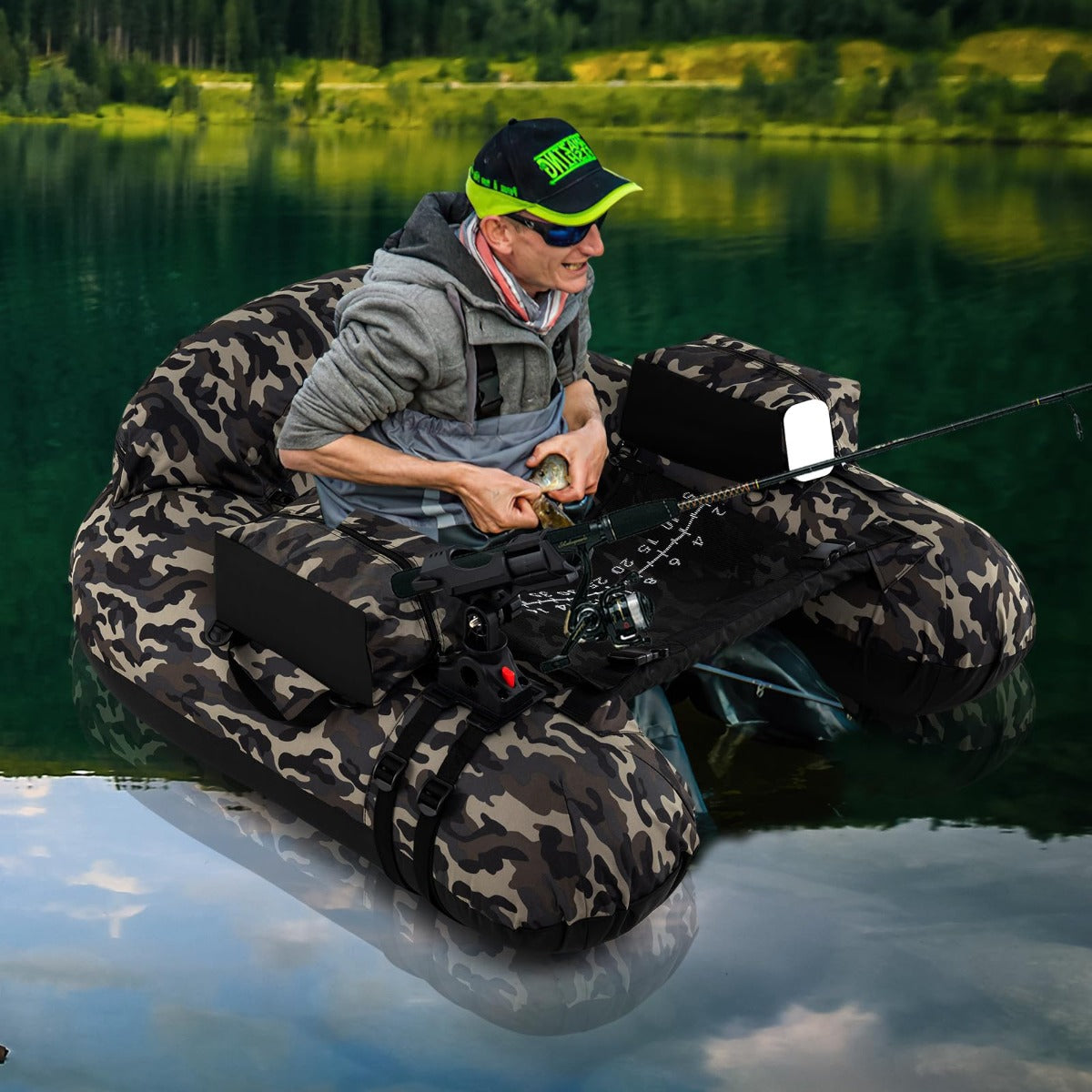 Bote de Pesca Inflável com Remo de Alumínio Suporte de Cana de Pesca Ajustável Bolsos de Armazenamento 111 x 104 x 46 cm Camuflado