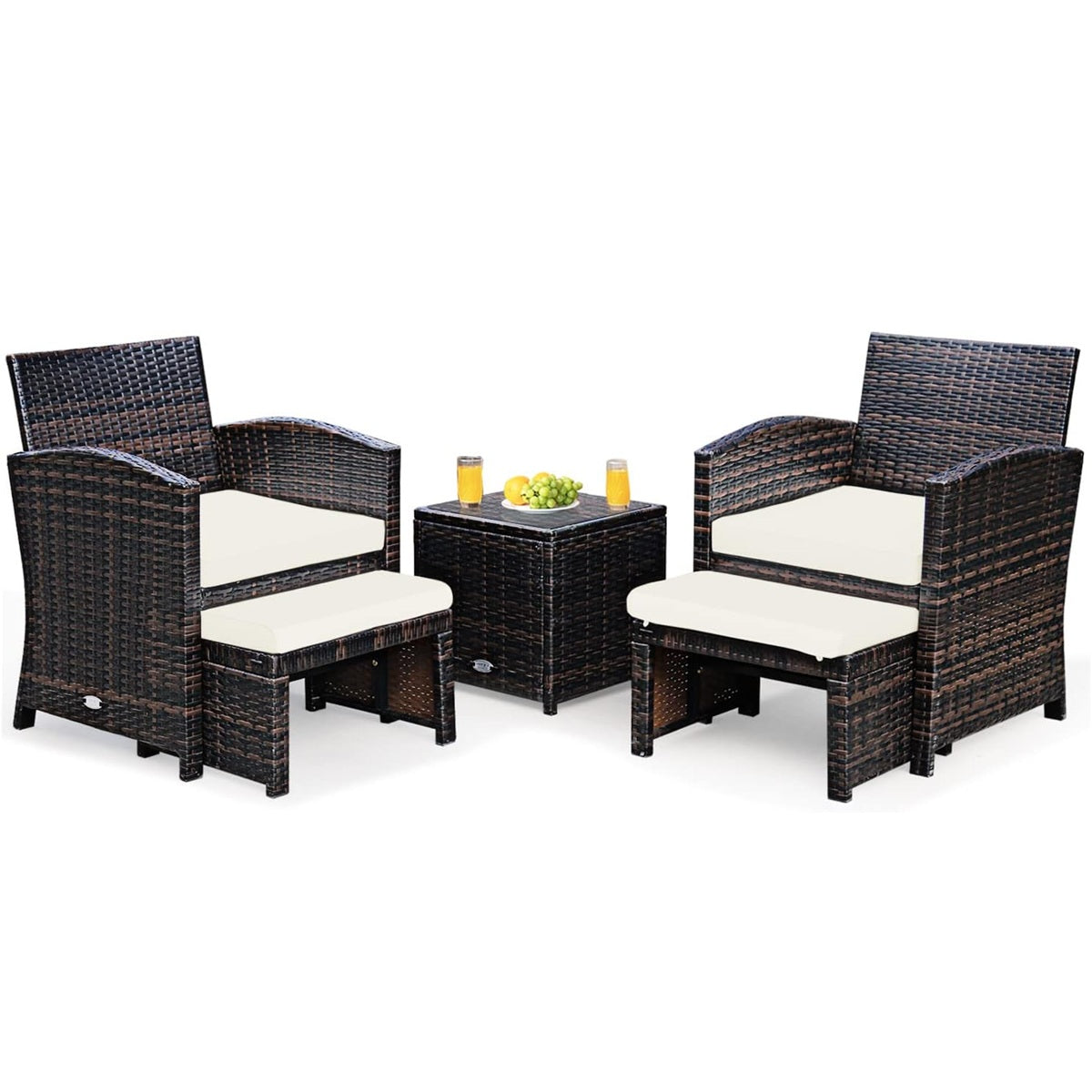 Conjunto de Móveis de Jardim de 5 peças em Poliratã com Otomano - Sala de Jardim com Mesa Auxiliar Branca