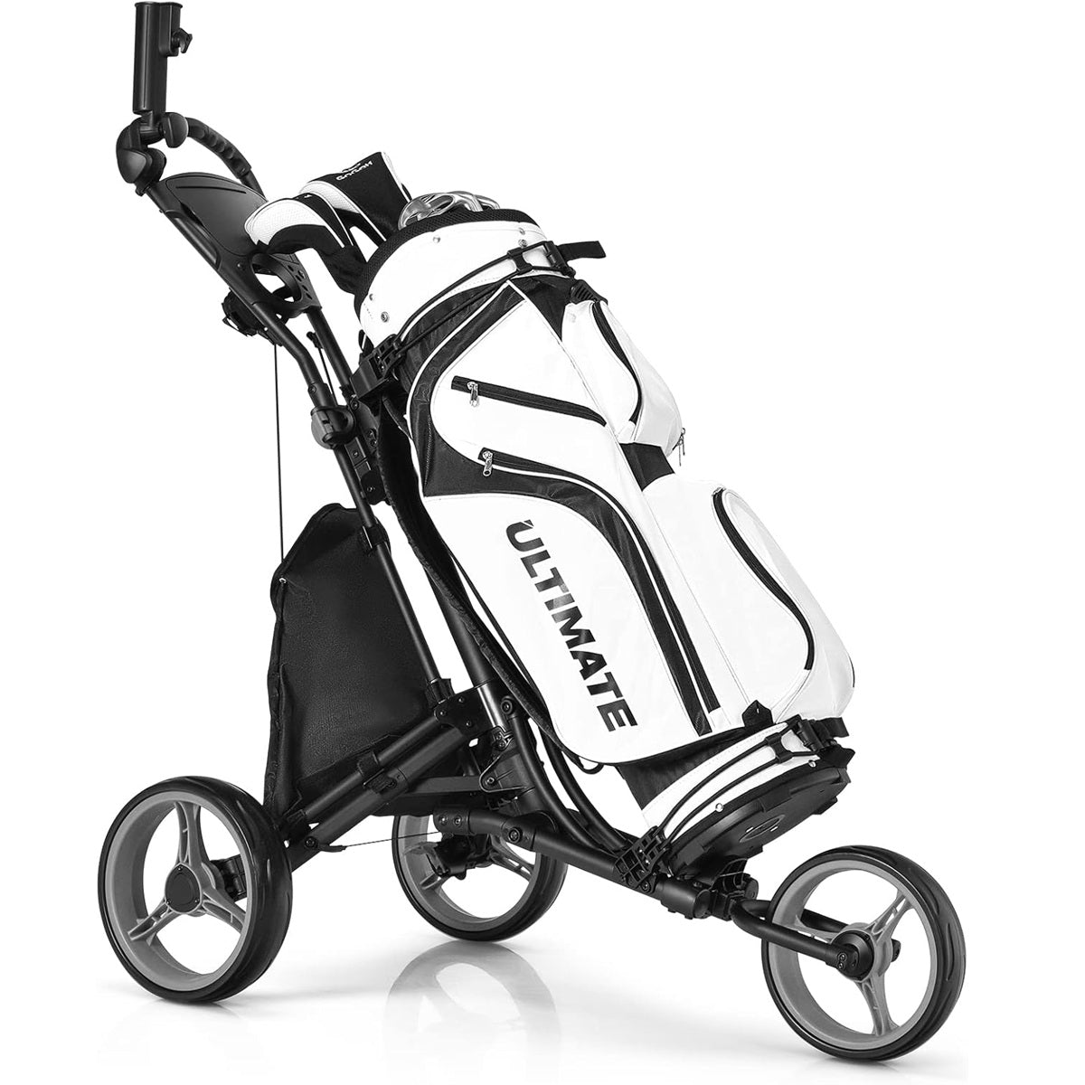 Carro de Golfe Dobrável com 3 Rodas 4 Alturas Ajustáveis Porta-guarda-chuva Ajustável Bolsa Impermeável Travão de Pé Azul