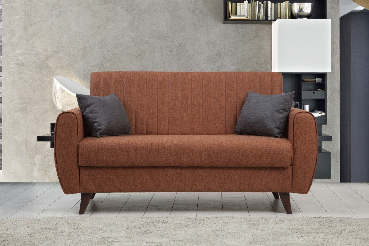 Sofá-cama elegante de 2 lugares, vermelho-azulejo, 158 x 86 x 77 cm | Estrutura de metal/madeira, poliéster texturizado em linho, esponja DNS confortável | Perfeito para espaços modernos