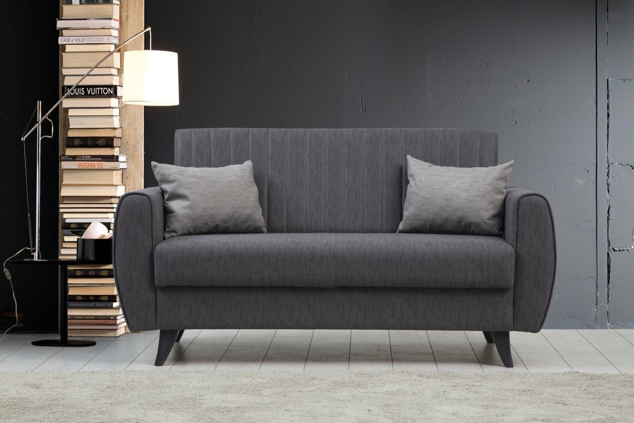 Sofá-cama elegante de 2 lugares, linho cinza escuro, poliéster texturizado, 158 x 86 x 77 cm | Estrutura de metal/madeira, esponja DNS confortável | Perfeito para espaços modernos