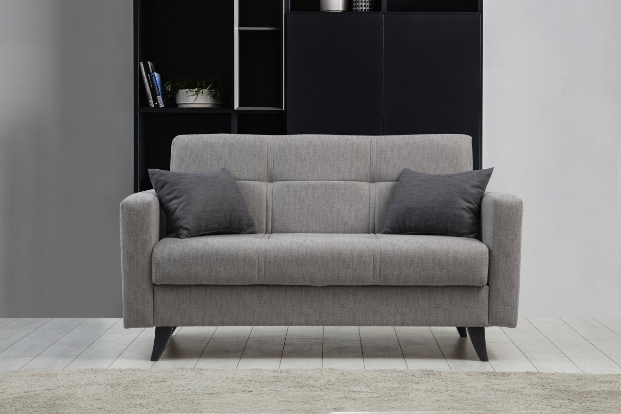 Sofá-cama cinza claro de 2 lugares, estrutura de metal/madeira, 151 x 86 x 75 cm | Assento confortável de espuma DNS 26, perfeito para salas de estar modernas e espaços para hóspedes