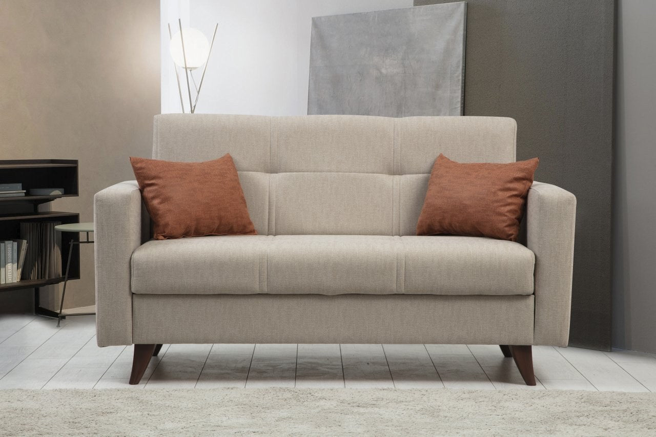 Sofá-cama bege de 2 lugares, estrutura de metal/madeira, 151 x 86 x 75 cm | Assento confortável de espuma DNS 26, elegante e funcional para espaços modernos