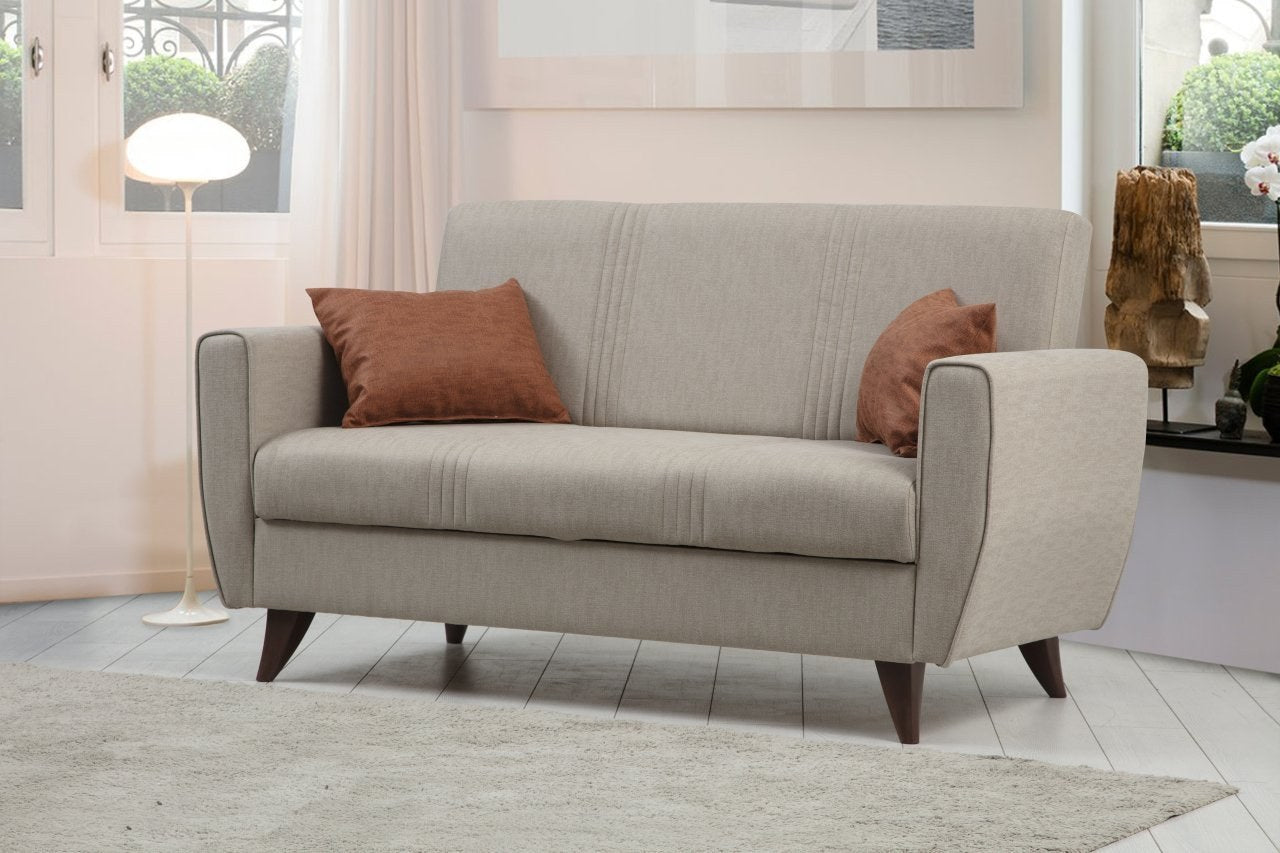 Sofá-cama bege de 2 lugares, estrutura de metal/madeira, 153 x 86 x 77 cm | Assento confortável de espuma DNS 26, elegante e funcional para espaços modernos