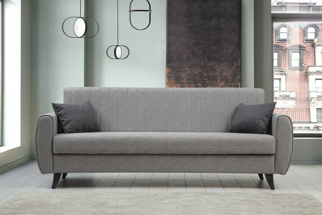 Sofá-cama elegante de 3 lugares, poliéster texturizado em linho cinza claro, 214 x 86 x 77 cm | Estrutura de metal/madeira, confortável esponja DNS 26 | Perfeito para espaços modernos