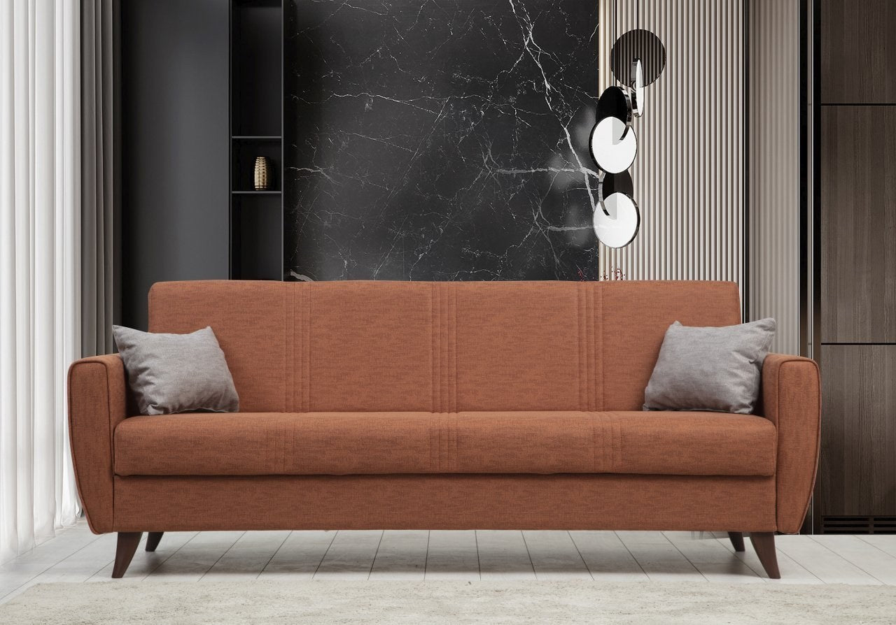 Sofá-cama elegante de 3 lugares, vermelho-azulejo, 207 x 86 x 77 cm | Estrutura de metal/madeira, esponja DNS confortável | Perfeito para salas de estar e espaços de hóspedes