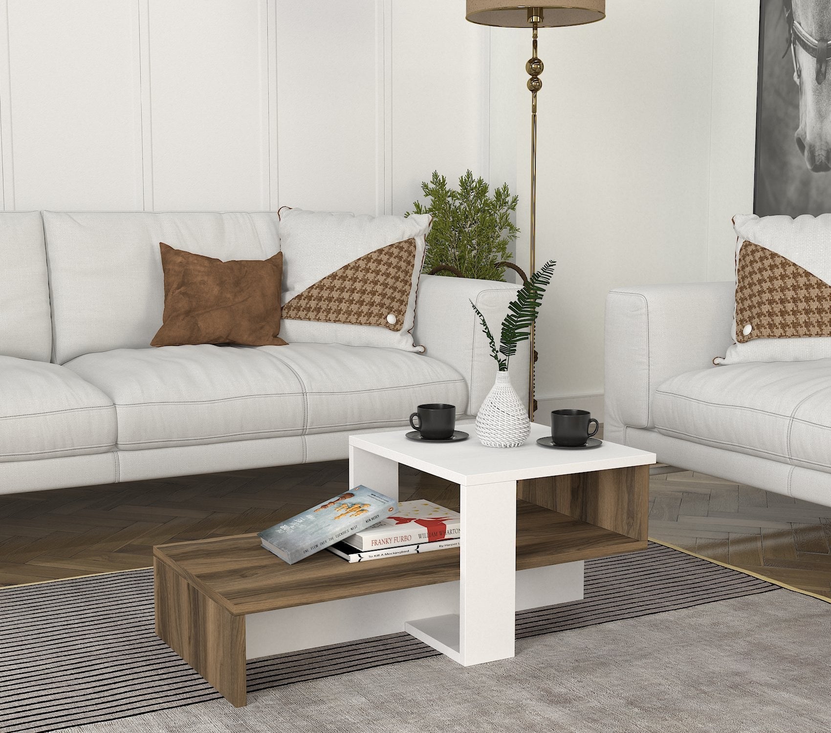 Mesa de Centro Escandinava com Prateleira Inferior, Branca e Nogueira, 100% Revestida em Melamina, 18mm de Espessura | 80x43,6x16,3cm | Solução de Armazenamento Elegante e Funcional