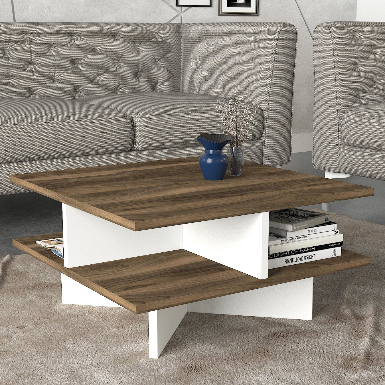 Mesa de Centro Escandinava com Armazenamento Adicional, Nogueira e Branco, 60 x 31,2 x 60 cm | Painel de Partículas 100% Revestido com Melamina, 18 mm de Espessura | Design Elegante e Funcional