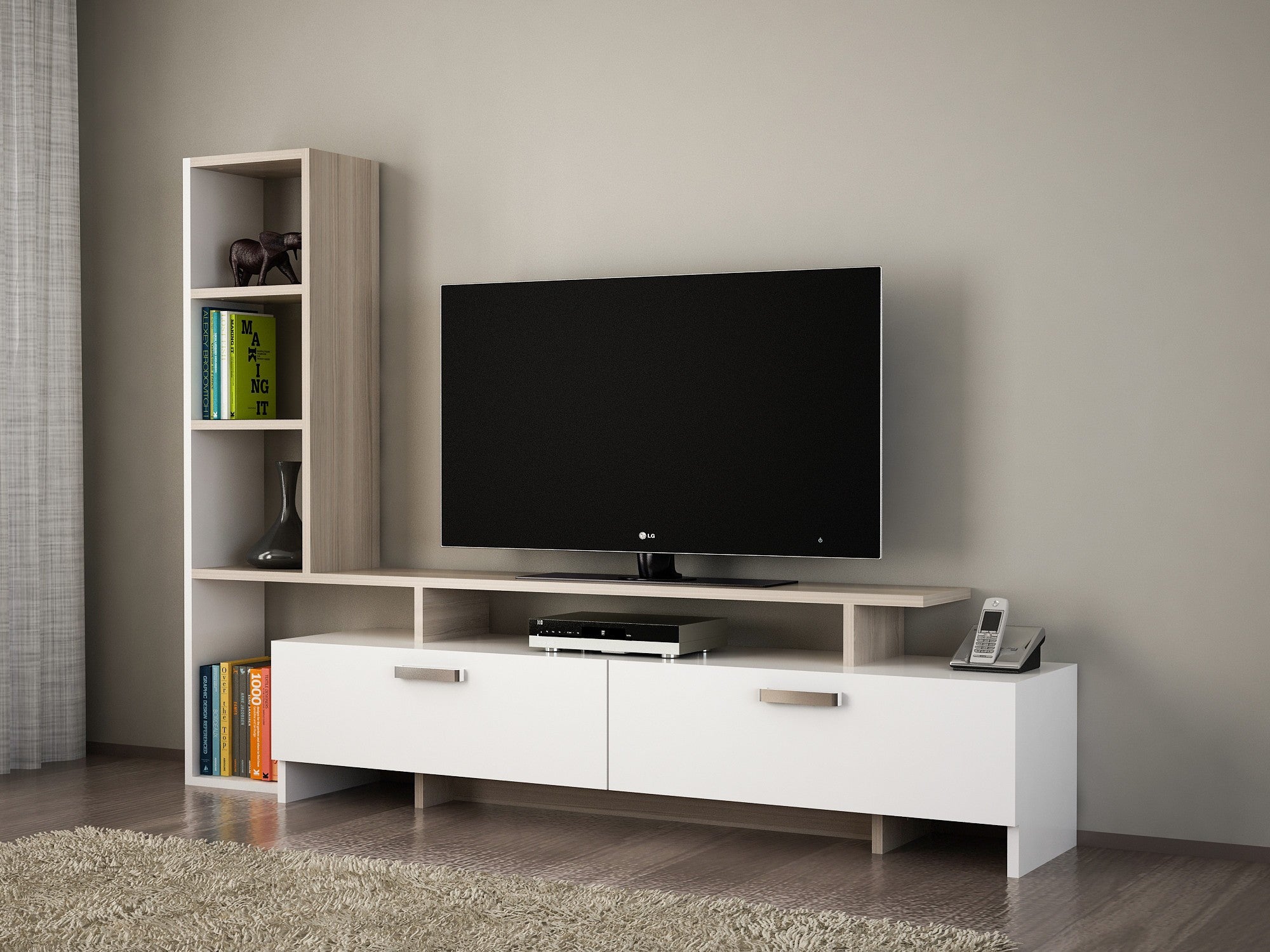 Móvel de TV escandinavo com opção de montagem na parede, branco e cordoba, 168,2 x 120 x 22 cm | 100% revestido em melamina, 18 mm de espessura | Solução de armazenamento elegante