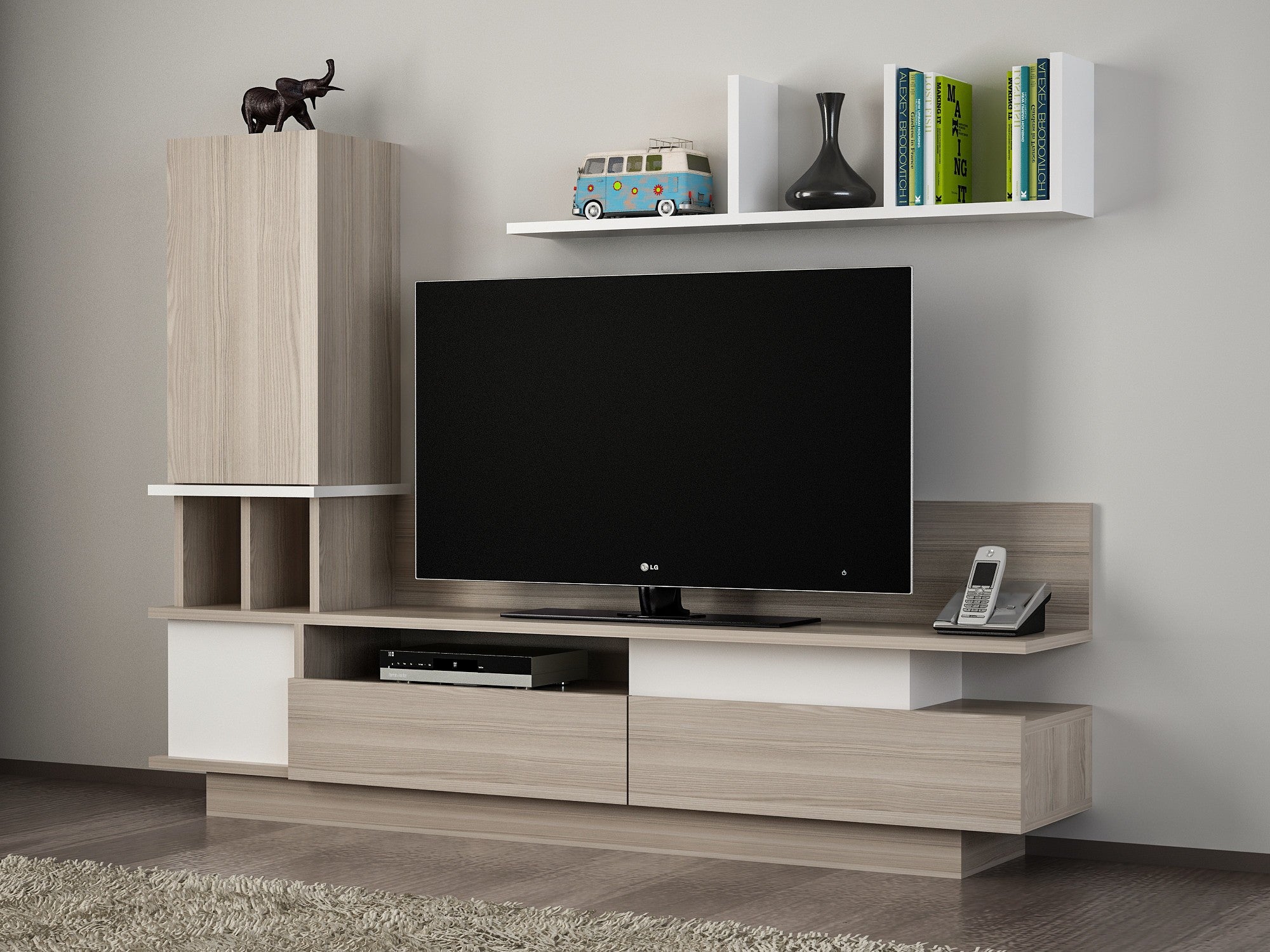 Móvel de TV escandinavo com design de parede, branco e cordoba, 149 x 171,1 x 31,5 cm | 100% revestido em melamina, 18 mm de espessura, várias prateleiras e espaço de armazenamento