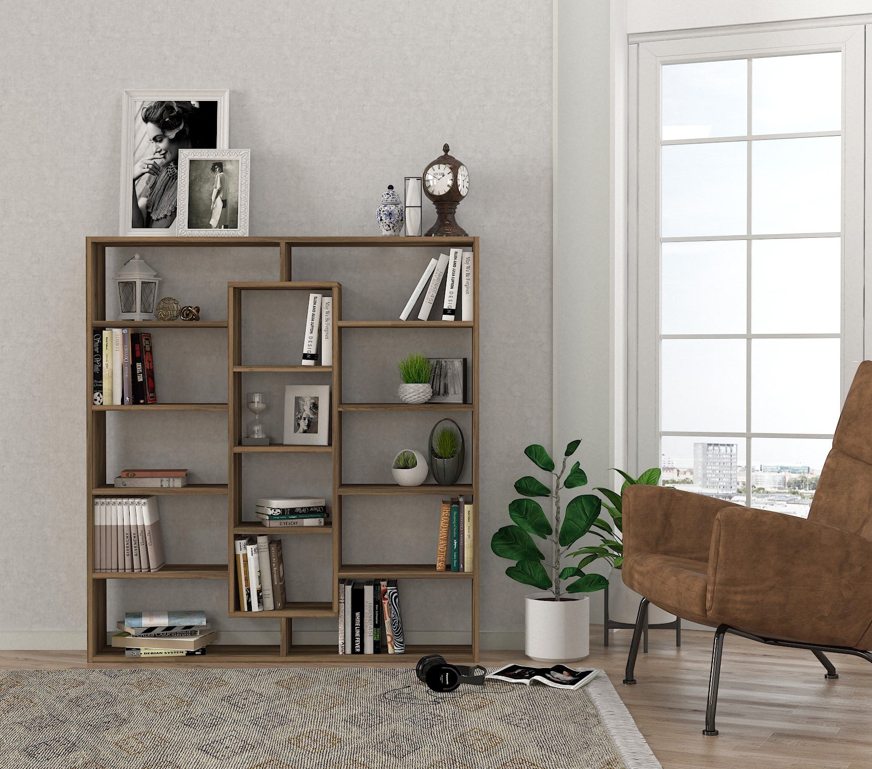 Estante escandinava – 125 x 135,7 x 22 cm – cor nogueira – material em aglomerado de partículas