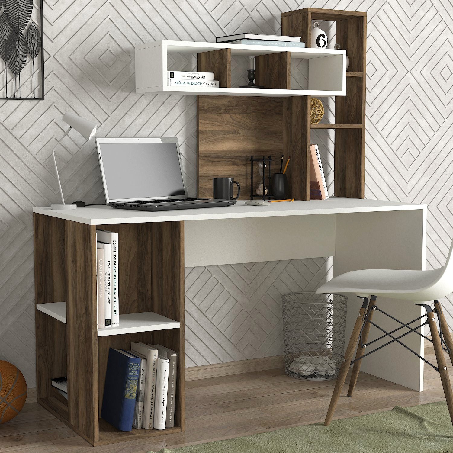 Secretária de Estudo – 140 cm x 153.8 cm x 60 cm – Branco e Nogueira – Painel de partículas