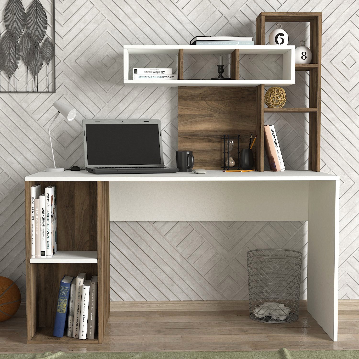 Secretária de Estudo – 140 cm x 153.8 cm x 60 cm – Branco e Nogueira – Painel de partículas