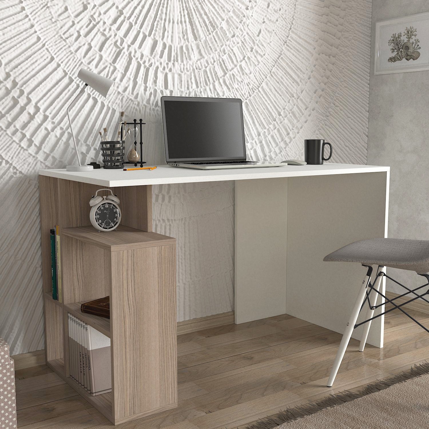 Mesa de Estudo Branca Córdoba 120cm com Prateleiras e Arrumação Extra - Melamina 18mm