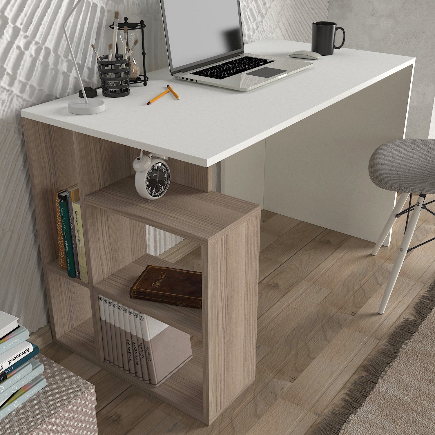 Mesa de Estudo Branca Córdoba 120cm com Prateleiras e Arrumação Extra - Melamina 18mm