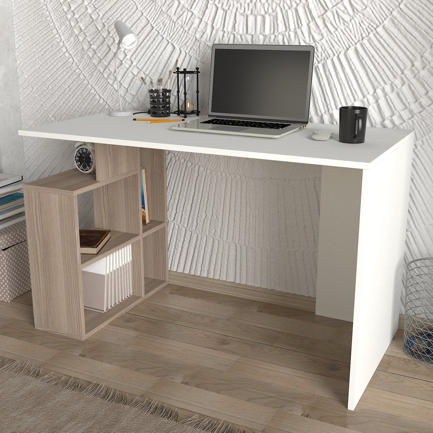 Mesa de Estudo Branca Córdoba 120cm com Prateleiras e Arrumação Extra - Melamina 18mm