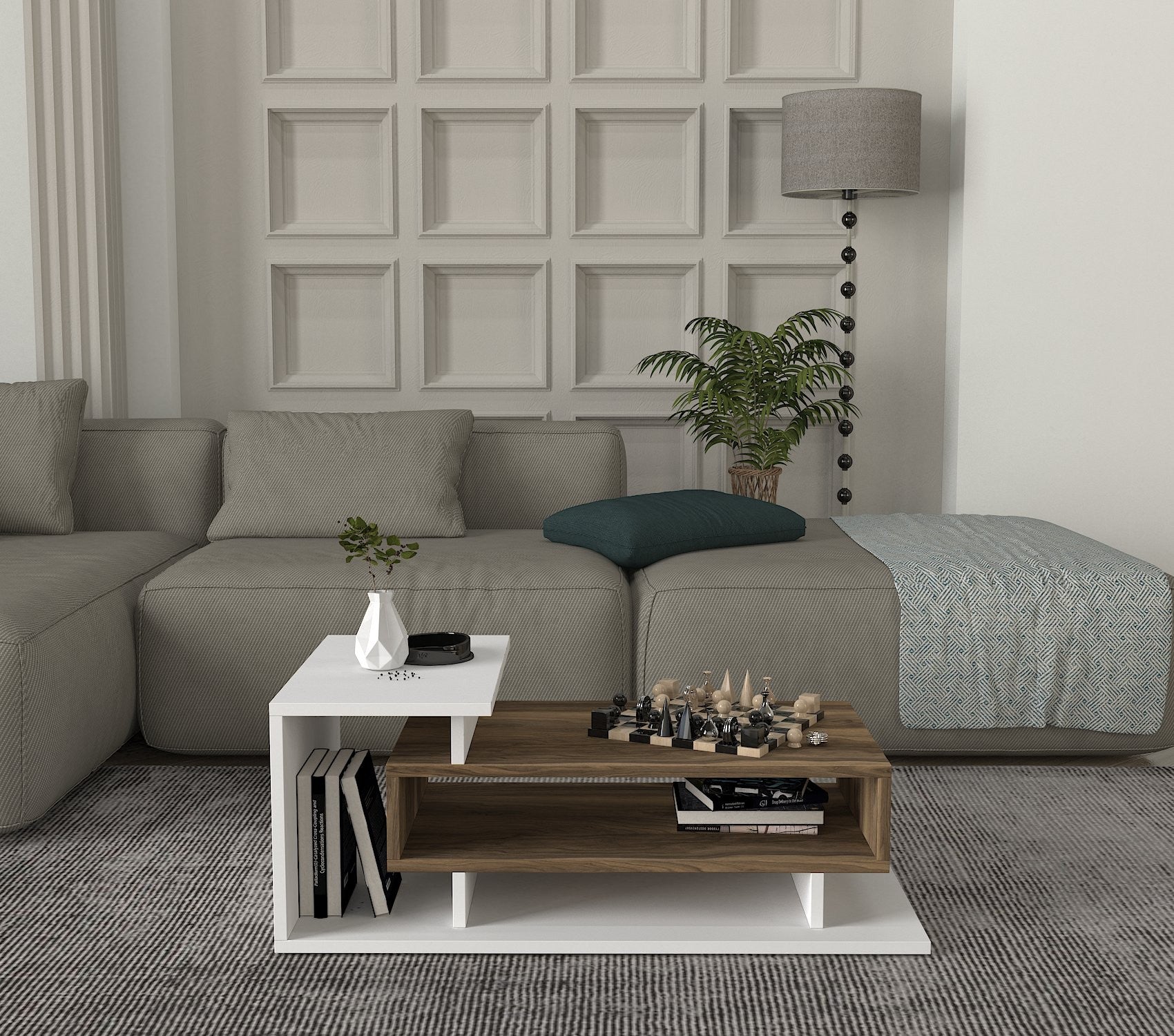 Mesa de Centro Escandinava, Branca e Nogueira, 90 x 50 x 35 cm | Painel de Partículas 100% Revestido em Melamina, 18 mm | Elegante e Funcional com Armazenamento Extra