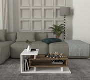 Mesa de Centro Escandinava, Branca e Nogueira, 90 x 50 x 35 cm | Painel de Partículas 100% Revestido em Melamina, 18 mm | Elegante e Funcional com Armazenamento Extra