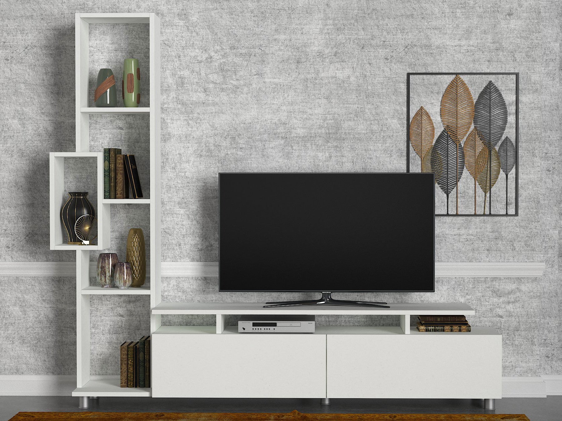 Móvel de TV escandinavo com estante, branco, 160 cm | Painel de partículas 100% revestido de melamina, 18 mm | Montável na parede, design elegante e funcional