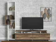 Móvel de TV escandinavo com estante, branco e nogueira, 160 cm | 100% revestido em melamina, 18 mm de espessura | Solução de armazenamento elegante e montável na parede