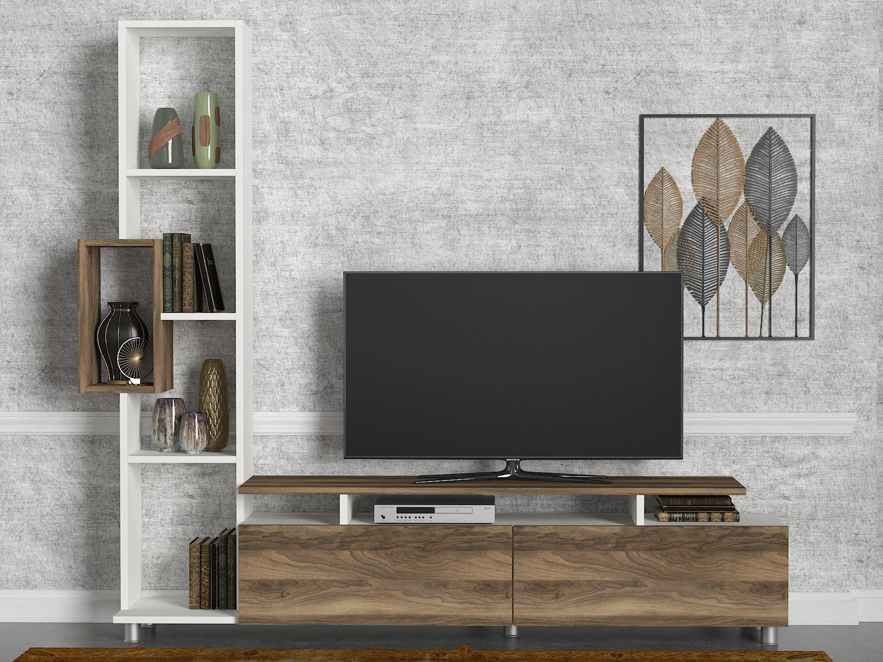 Móvel de TV escandinavo com estante, branco e nogueira, 160 cm | 100% revestido em melamina, 18 mm de espessura | Solução de armazenamento elegante e montável na parede