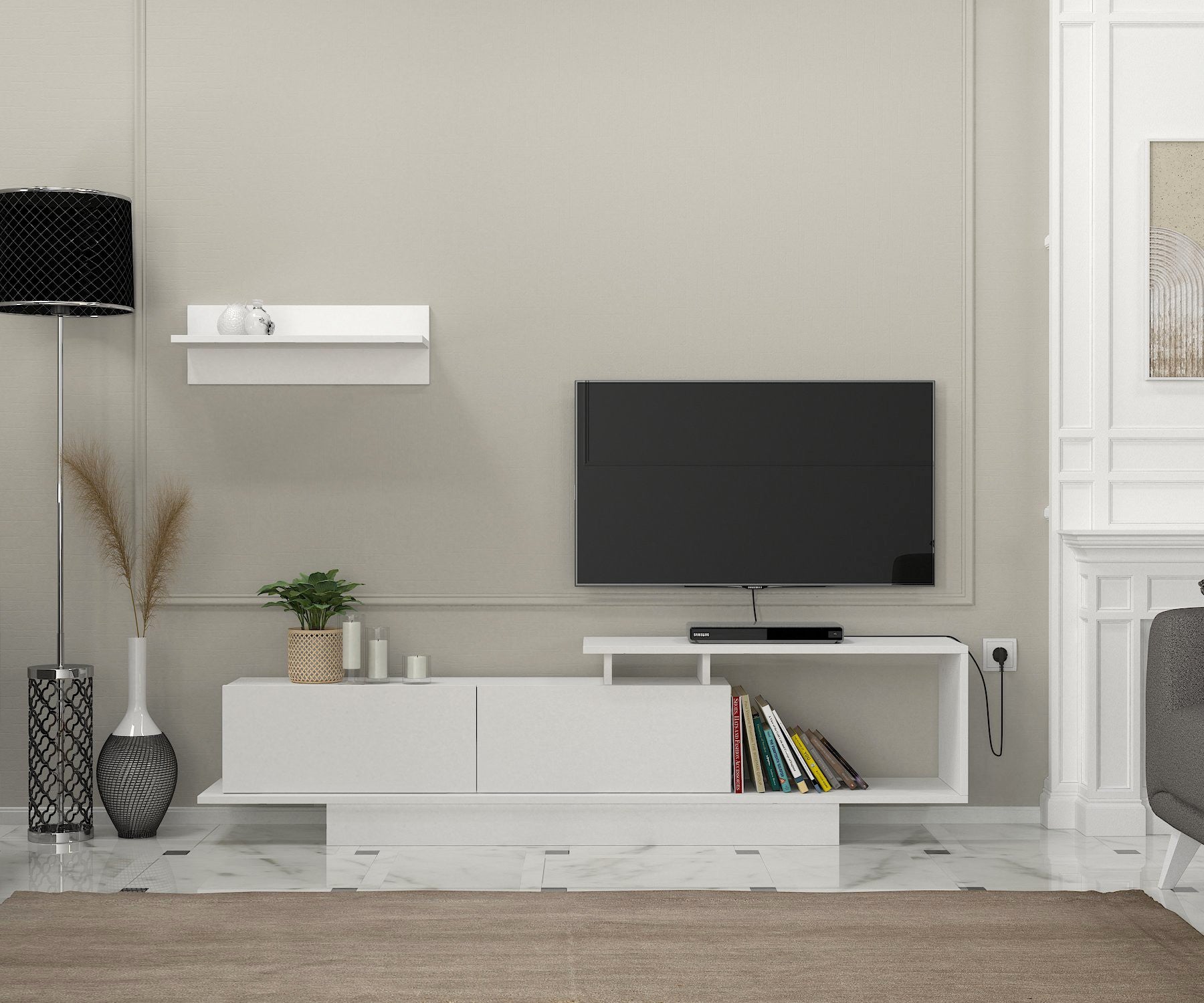 Móvel de TV escandinavo, branco, 180 cm | Painel de partículas 100% revestido em melamina, 18 mm de espessura | Montável na parede, com várias prateleiras, armazenamento elegante e funcional