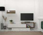 Móvel de TV escandinavo, branco e nogueira, 180 cm | Painel de partículas 100% revestido em melamina, 18 mm de espessura | Montável na parede, várias prateleiras, solução de armazenamento elegante