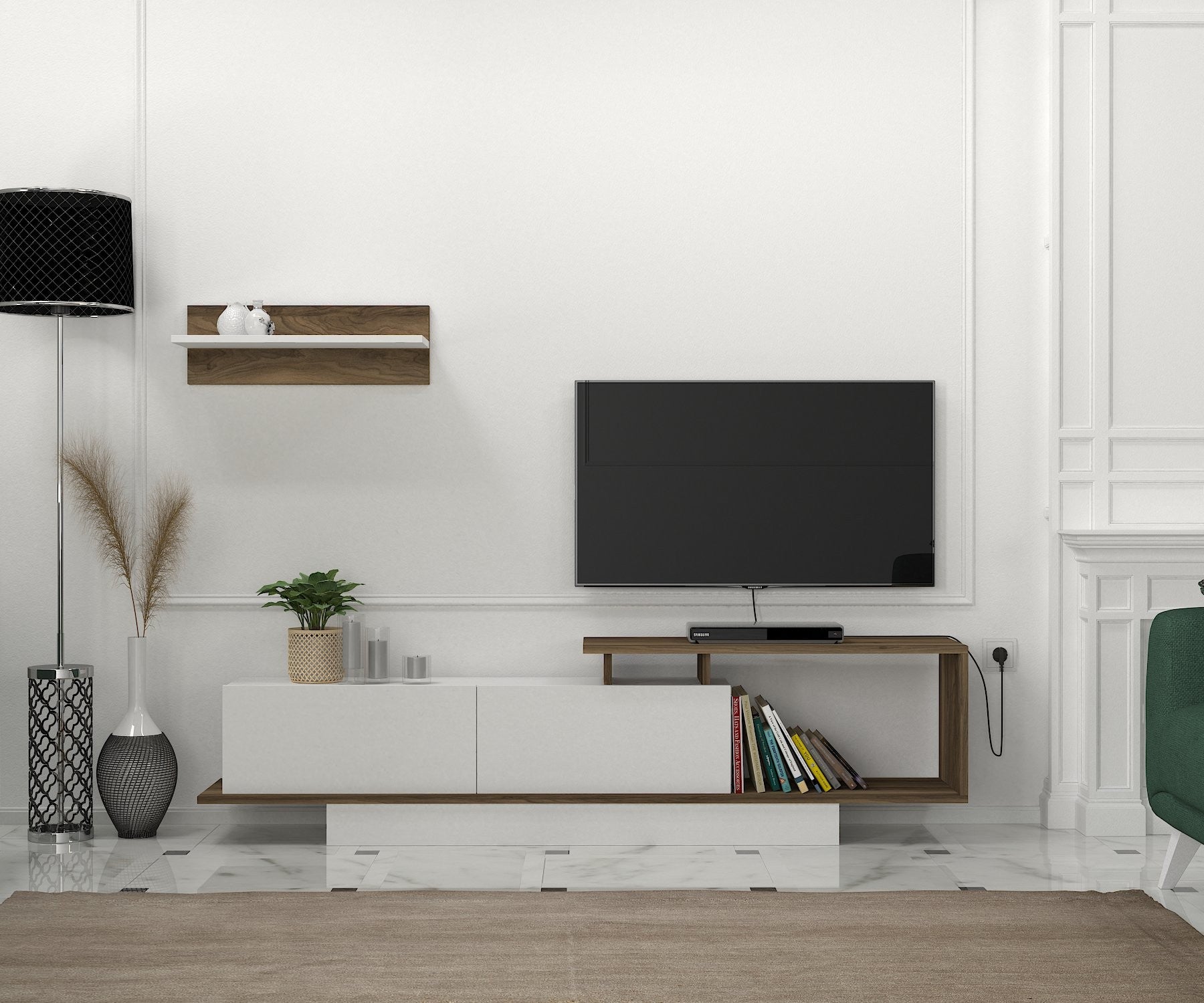 Móvel de TV escandinavo, branco e nogueira, 180 cm | Painel de partículas 100% revestido em melamina, 18 mm de espessura | Montável na parede, várias prateleiras, solução de armazenamento elegante