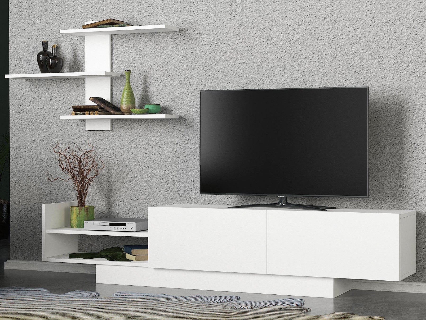 Móvel de TV Escandinavo, Branco, 180 x 40 x 31,8 cm | Painel de partículas 100% revestido em melamina, 18 mm de espessura | Montável na parede, com várias prateleiras, solução de armazenamento elegante