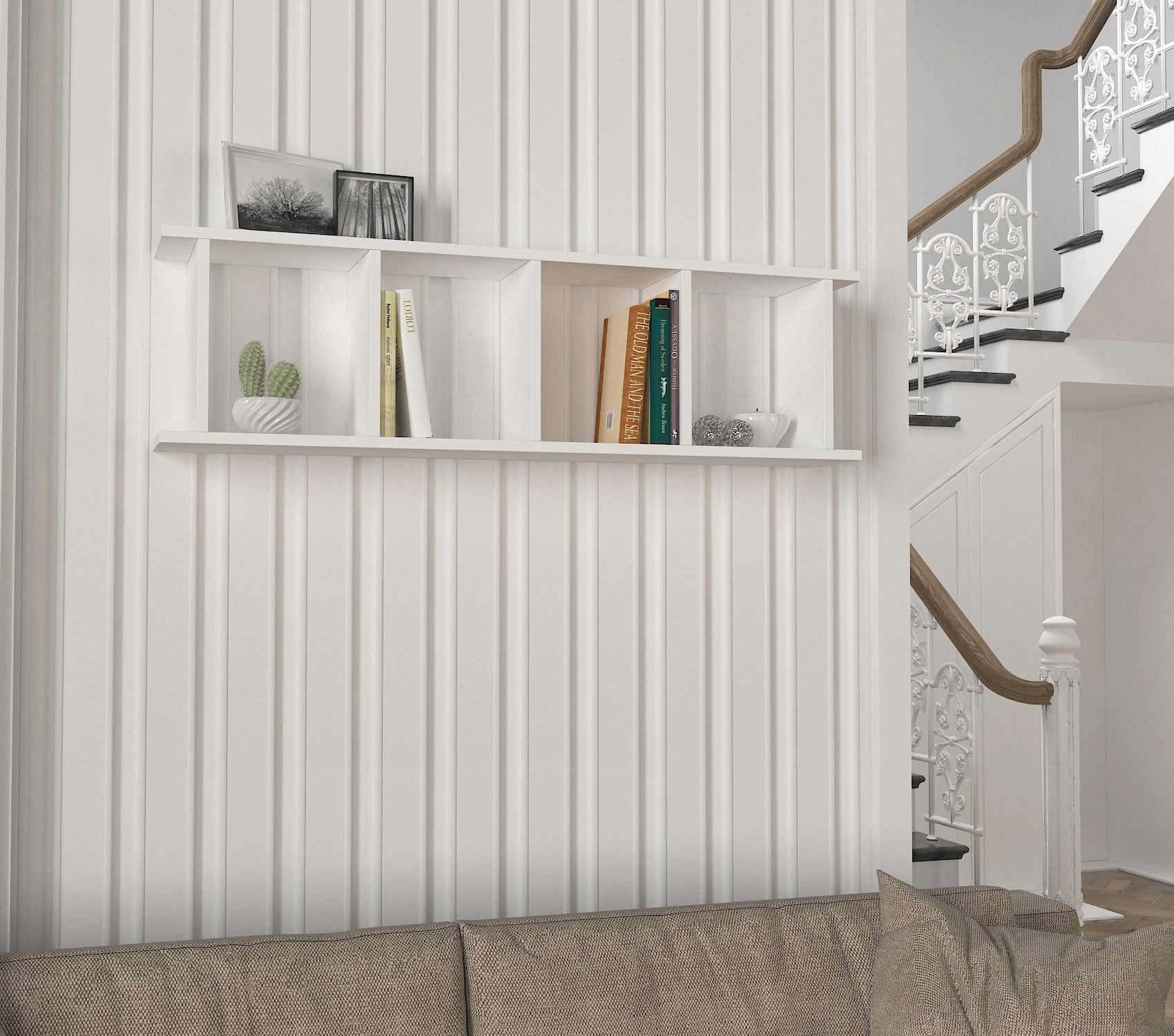 Estante de parede escandinava – 120 x 33,6 x 19,5 cm – Branca – Painel de partículas revestido a melamina