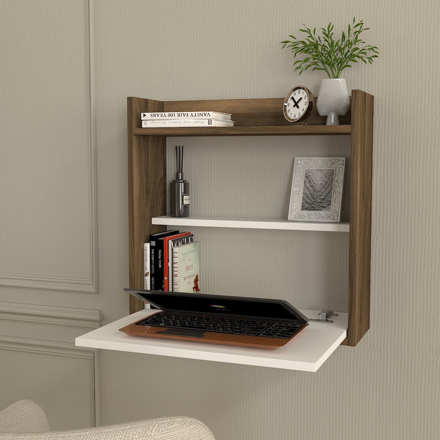 Secretária Escandinava – 60x60x19,6 cm Fechada, 60x60x49,4 cm Aberta – Branco e Nogueira – Melamina