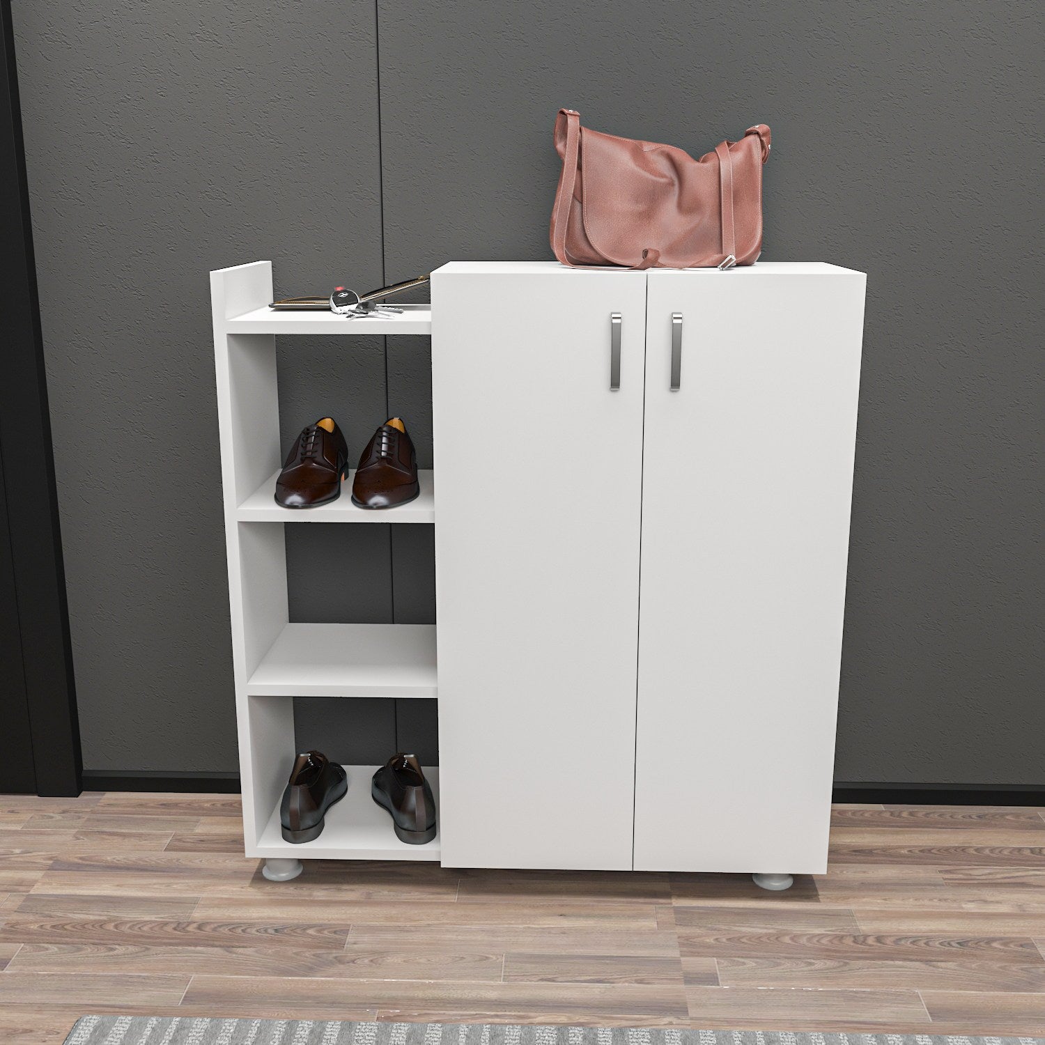 Sapateira moderna branca, 90 cm x 95 cm x 29,6 cm | Painel de partículas 100% revestido em melamina, 18 mm de espessura | Montável na parede, design elegante e funcional