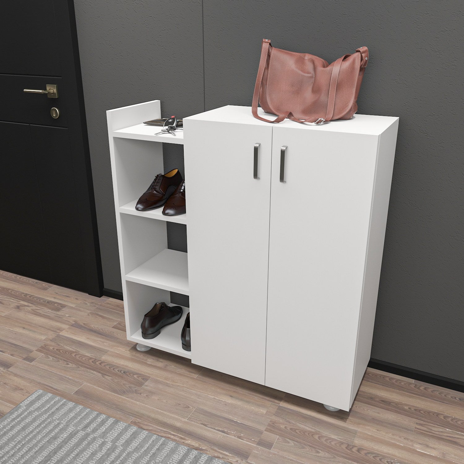 Sapateira moderna branca, 90 cm x 95 cm x 29,6 cm | Painel de partículas 100% revestido em melamina, 18 mm de espessura | Montável na parede, design elegante e funcional